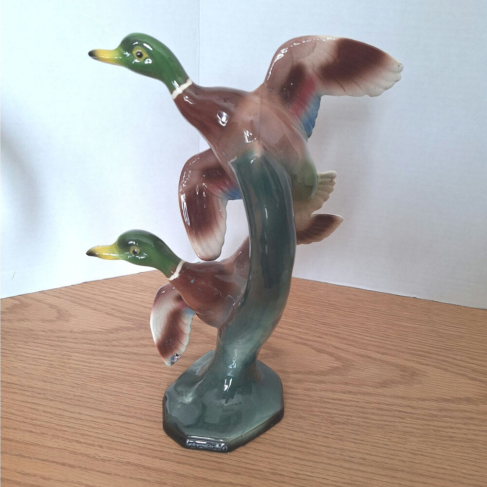Vintage Ceramic Double Mallard Ducks Flying Figurine 940 USA Pottery Decor 11"